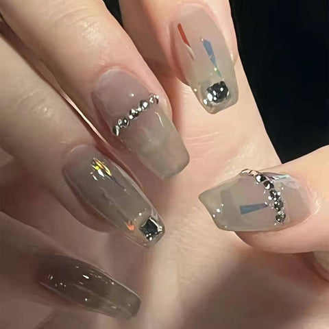 Transparent Gray Manicure Niche High-End Square Drill Wearing Nails Fake Nails Removable Nail Stickers Nail Stickers Finished Nails