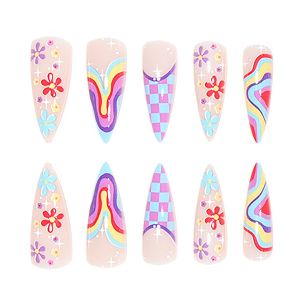 European and American wearable fake nails multi-color corrugated small flower checkerboard nails