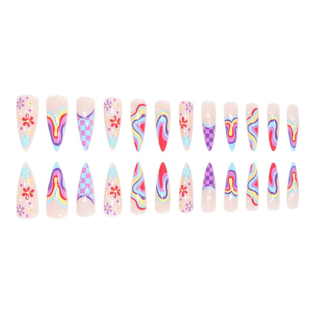 European and American wearable fake nails multi-color corrugated small flower checkerboard nails